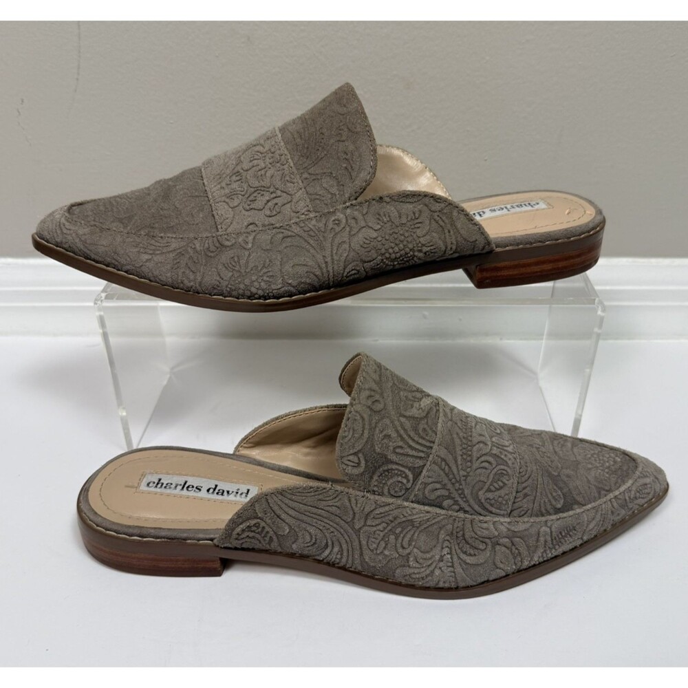 Charles David Porter Mules Womens 8 Embossed Gray Leather Slip On Clog Shoes